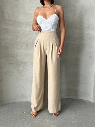 Pileli keten pantolon s255046