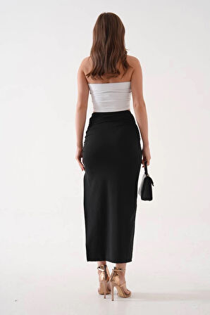 Uzun yırtmaçlı ince kumaş etek siyah