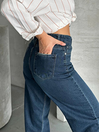 Palazzo bıyık enzim yıkama jeans pantolon koyu mavi d2008