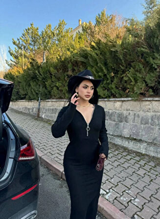 Fermuar detaylı fitilli şardonlu elbise siyah a3178