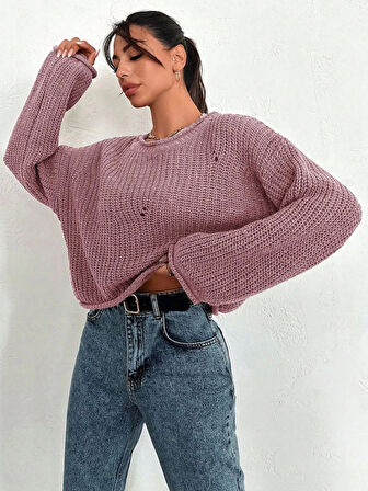 Salaş delik detaylı kazak pembe