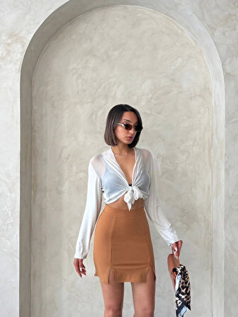 Çift yırtmaçlı etek camel s25910