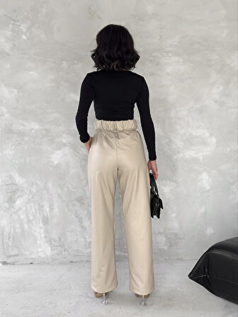 Kendinden ince kemerli deri pantolon bej t1178