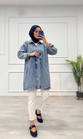 Taşlı tunik ceket kar yıkamalı mavi d2516