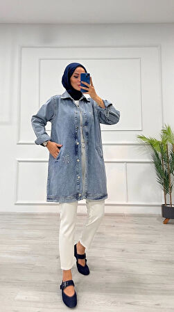 Taşlı tunik ceket kar yıkamalı mavi d2516