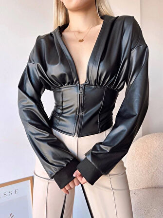 Kapşonlu yarım fermuarlı ceket siyah h24116