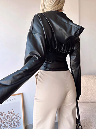 Kapşonlu yarım fermuarlı ceket siyah h24116