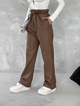 Kendinden ince kemerli deri pantolon kahve t1178