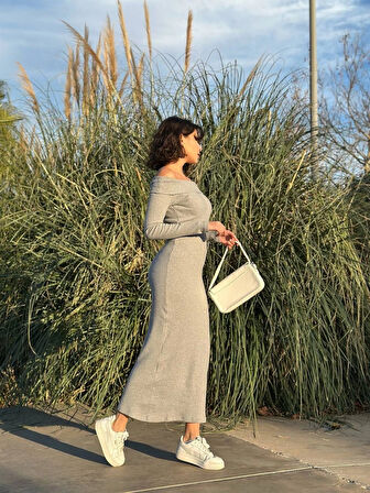 Madonna yaka uzun elbise şardonlu kumaş gri w3753