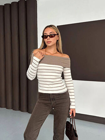 Çizgili madonna yaka kaşkorse bluz bej a844