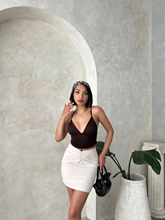 Önü büzgülü etek bej s24222