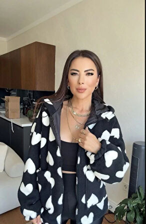 Kalpli peluş ceket içi astarlı siyahbeyaz