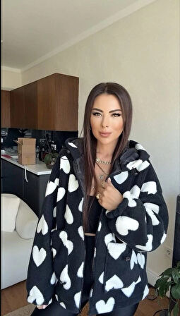 Kalpli peluş ceket içi astarlı siyahbeyaz