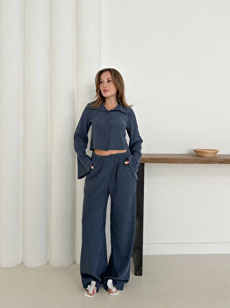 Gömlek yaka kaplama düğmeli takım lacivert st265866