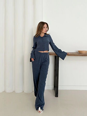 Gömlek yaka kaplama düğmeli takım lacivert st265866