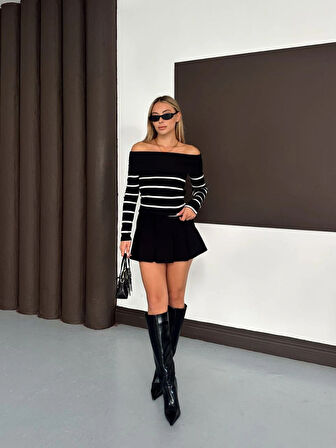 Çizgili madonna yaka kaşkorse bluz siyah a844