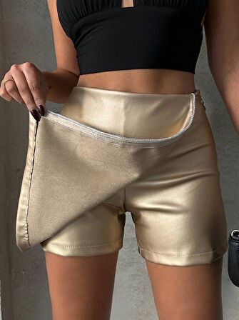 Taşlı şort etek deri gold h240018