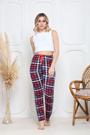 Viskon likralı alt pijama küçük ekose baskı desenli q6018