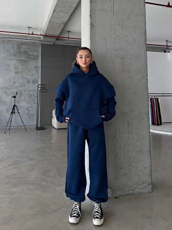 3 iplik şardonlu kapşonlu sweatshirt lacivert p510436