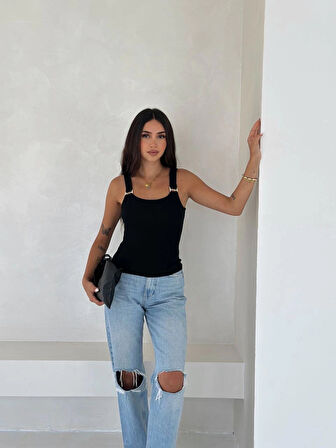 Ottoman toka askılı bluz siyah s4194