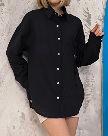 Relax fit keten gömlek siyah s255349