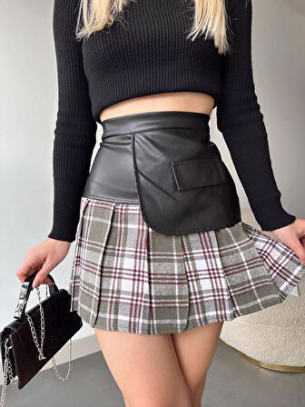 Deri garnili cepli ekose etek siyah s24604