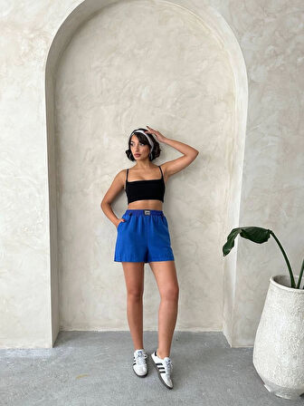 Armalı keten şort saks mavisi s251003