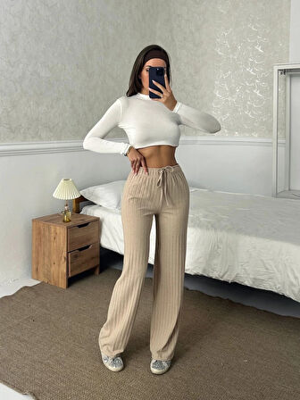Fitilli şardonlu pantolon bej a4058