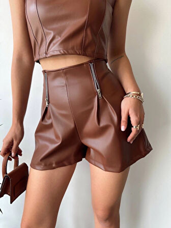 Çift fermuarlı deri şort kahve h24394