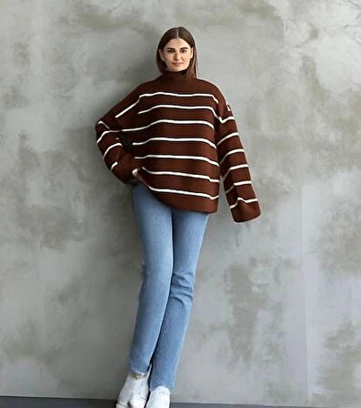 Çizgili ispanyol kol triko boğazlı kahve beyaz elf