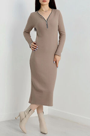 Fermuar detaylı fitilli şardonlu elbise bej a3178