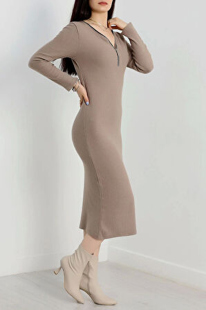 Fermuar detaylı fitilli şardonlu elbise bej a3178