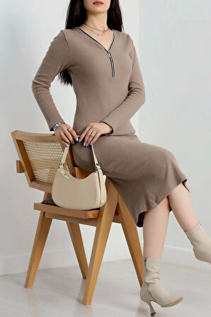 Fermuar detaylı fitilli şardonlu elbise bej a3178