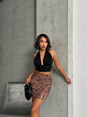 Tek yırtmaçlı zebra desenli deri etek kahvesiyah w24475-S