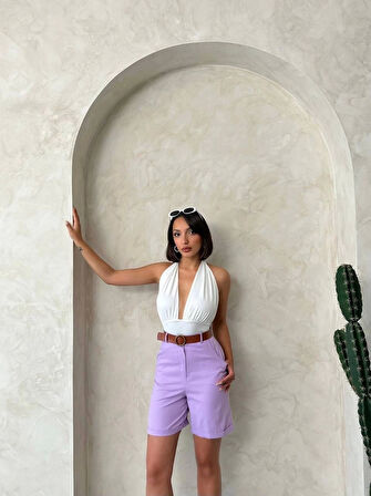 Kemerli gabardin şort lila s25735