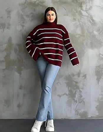 Çizgili ispanyol kol triko boğazlı kahve beyaz elf