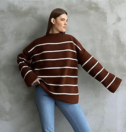 Çizgili ispanyol kol triko boğazlı kahve beyaz elf