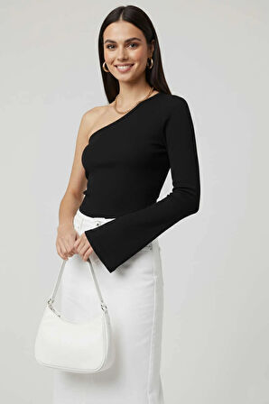Tek Omuzlu Basic Bluz Siyah T4275