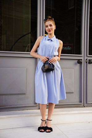 Gömlek yaka kemerli elbise mavi s255061