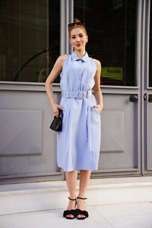 Gömlek yaka kemerli elbise mavi s255061