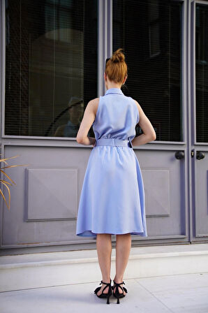 Gömlek yaka kemerli elbise mavi s255061