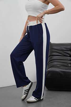 Şeritli garnili pantolon lacivert