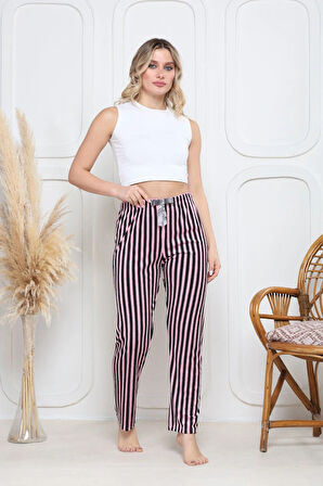 Kadife pijama altı pembe üstüne siyah çizgi desenli q7013