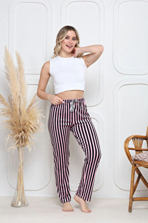 Kadife pijama altı pembe üstüne siyah çizgi desenli q7013