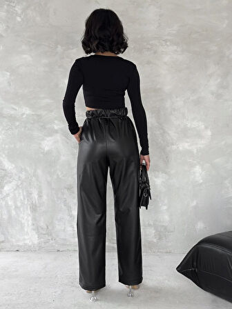 Kendinden ince kemerli deri pantolon siyah t1178