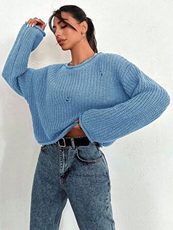 Salaş delik detaylı kazak mavi