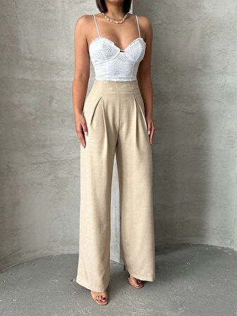 Pileli keten pantolon s255046