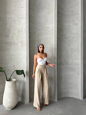 Pileli keten pantolon s255046