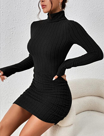 Fitilli boğazlı şardonlu elbise siyah