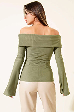 Omzu Açık Fermuarlı Bluz haki T4330